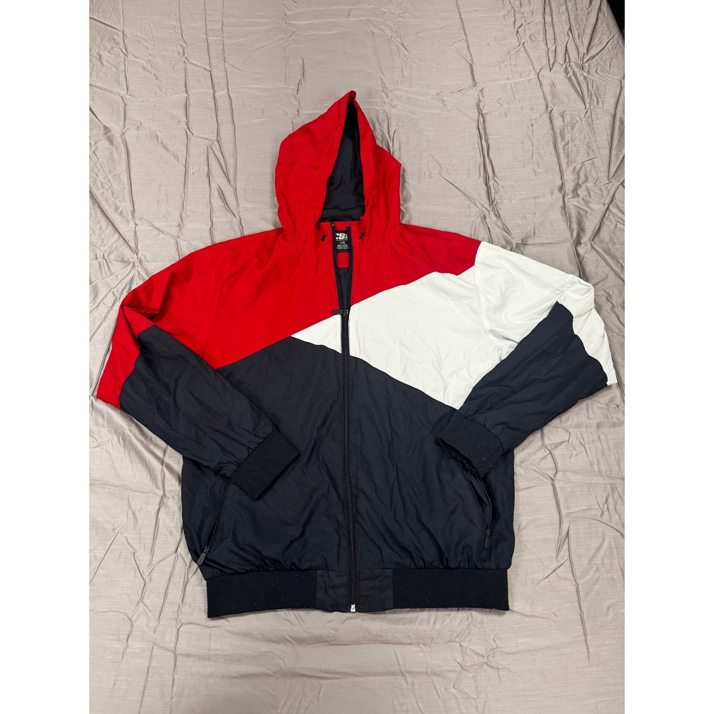 CSG Mens Colorblock Windbreaker Jacket Hooded Red White Blue Size Large